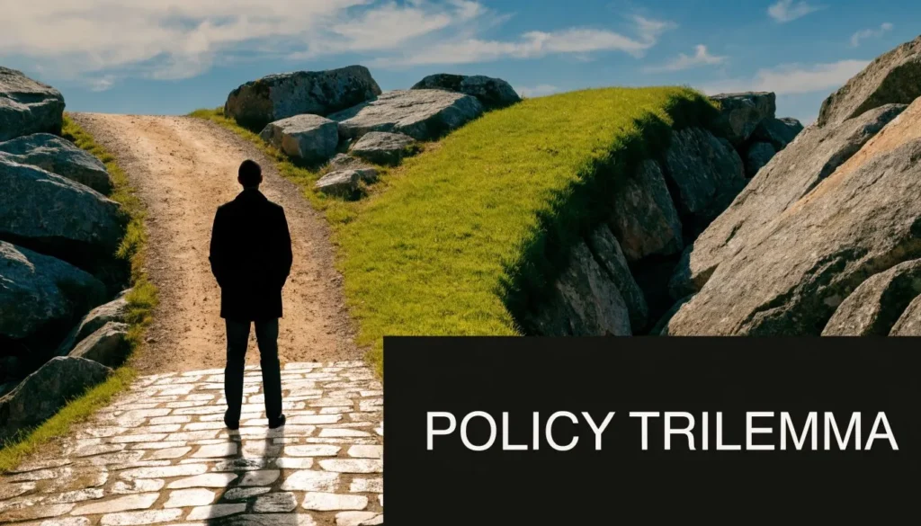 Person standing at a forked rocky path under blue skies with “Policy Trilemma” text overlay.