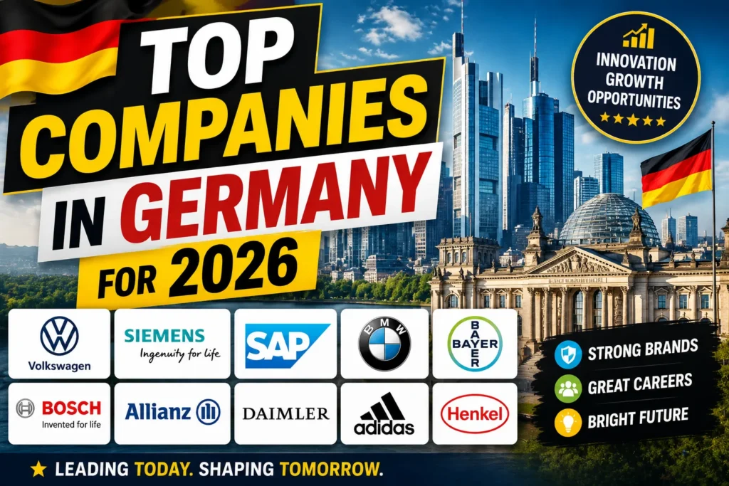 Colorful Germany companies thumbnail with skyline, German flag, and major business brand logos for 2026.