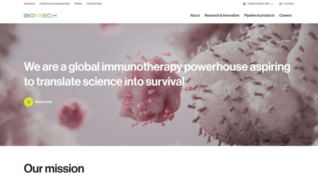 BioNTech homepage banner with immunotherapy message and microscopic cellular imagery background.