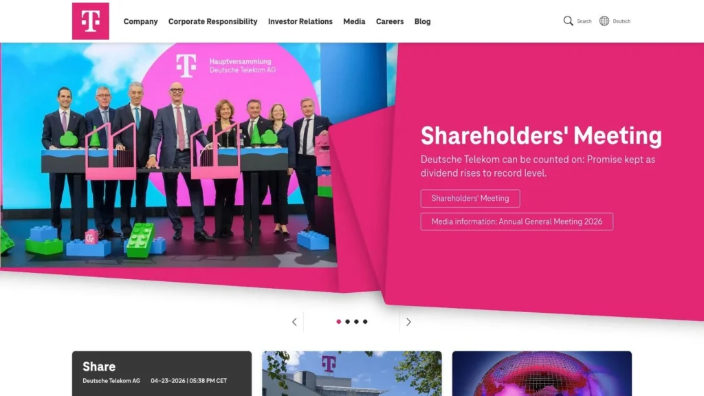 Deutsche Telekom homepage featuring shareholders