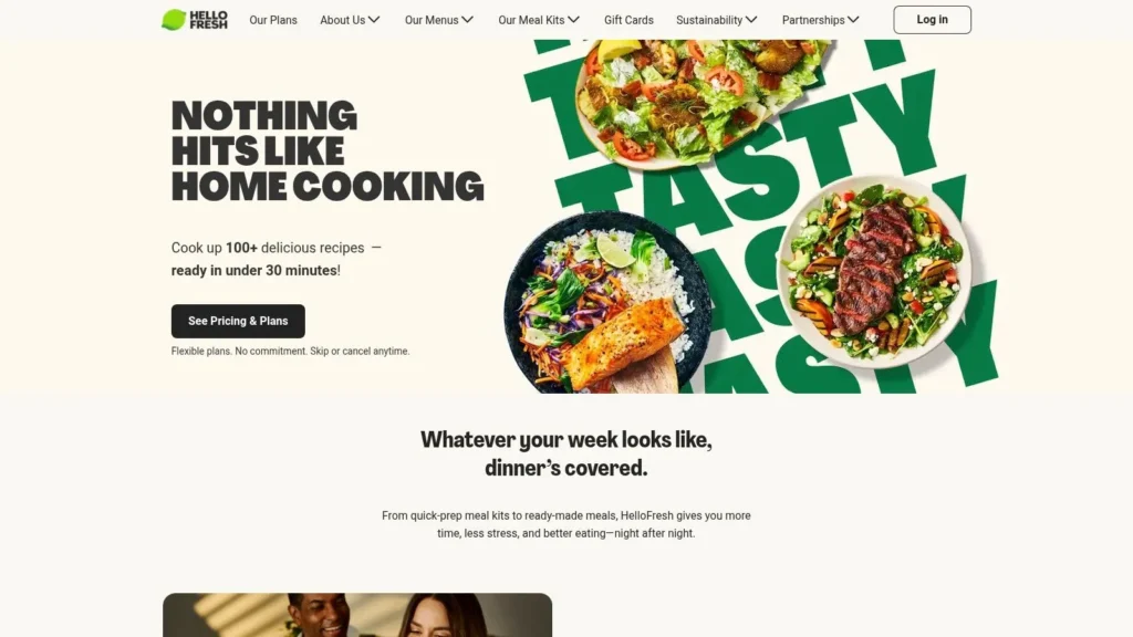 HelloFresh homepage featuring meal kits, colorful dishes, and home cooking promotion banner.