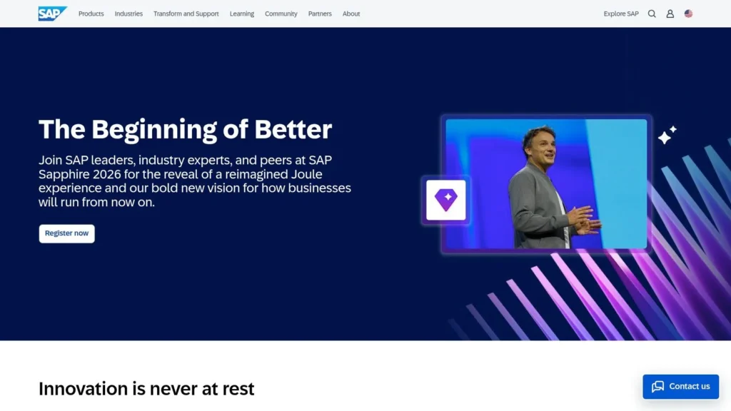 SAP homepage banner promoting Sapphire 2026 event with speaker image and registration button.