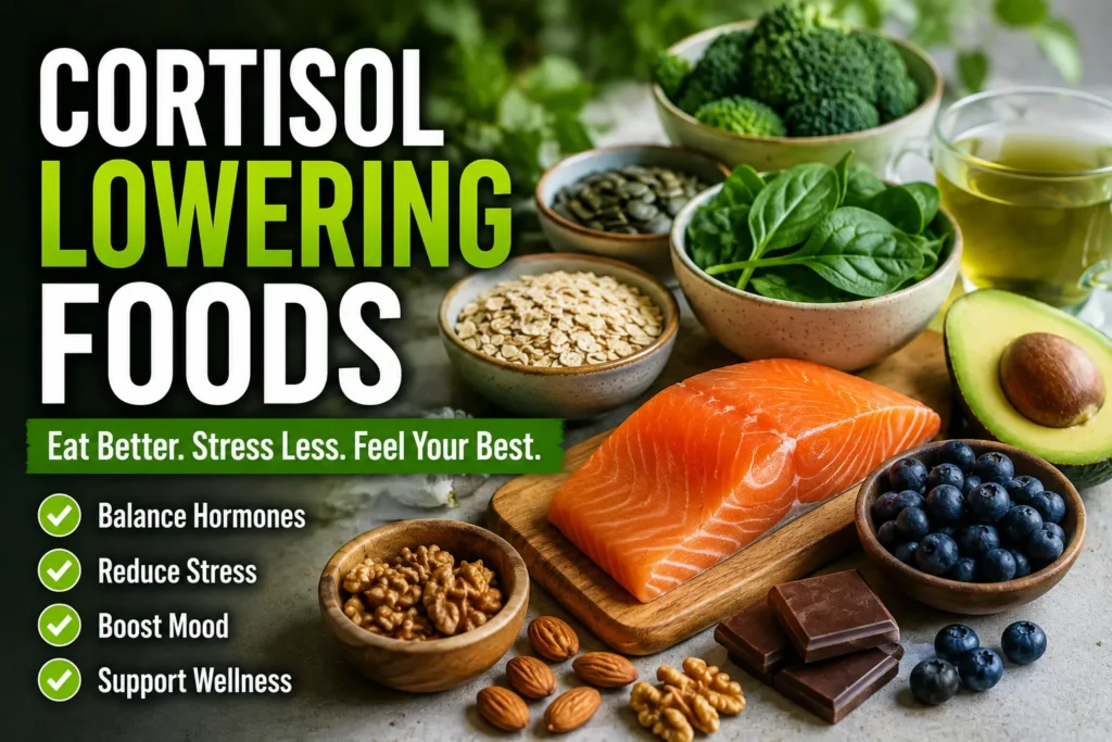 Healthy foods like salmon, greens, nuts, and tea with bold “Cortisol Lowering Foods” text and stress-reduction benefits listed
