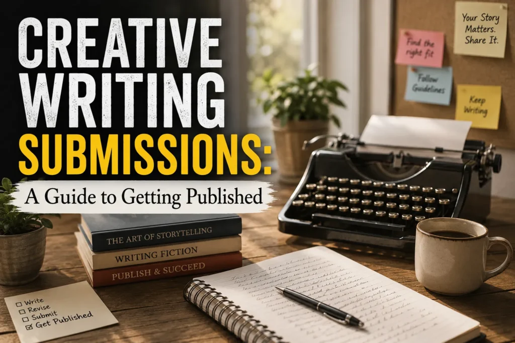 Creative writing workspace with vintage typewriter, notebook, coffee cup, and publishing guide text overlay.