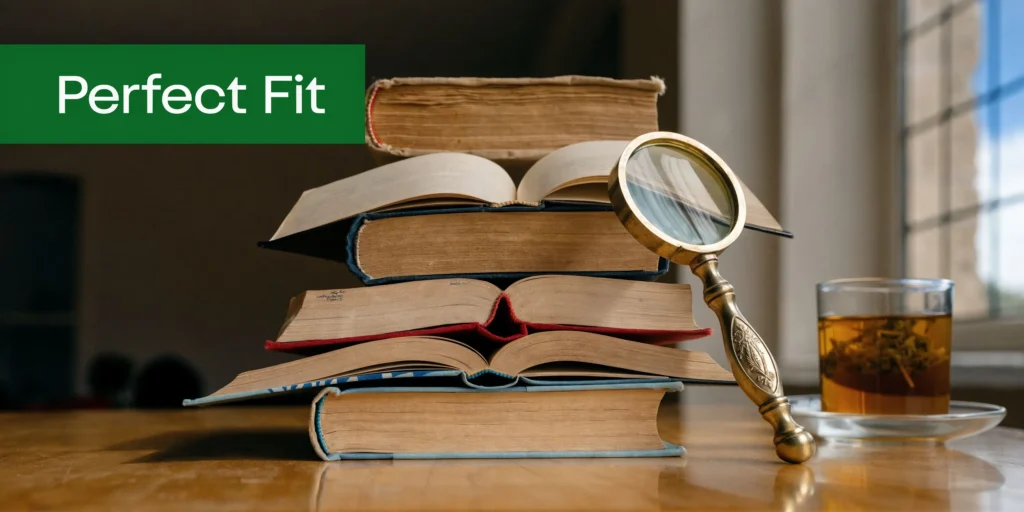 Creative Writing Submissions: A Guide to Getting Published Stack of open books with a magnifying glass and tea beside “Perfect Fit” text on a wooden table.