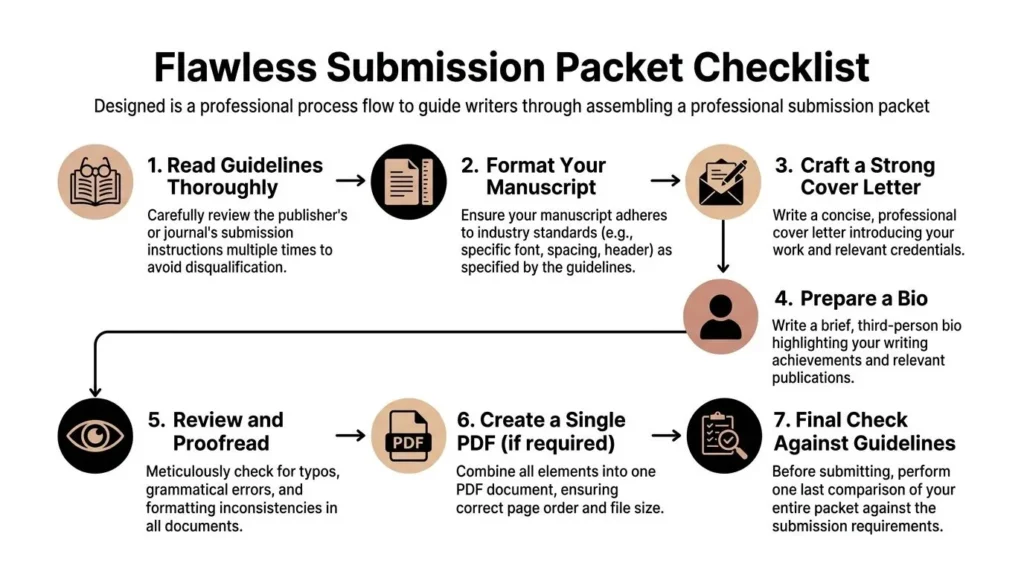 Creative Writing Submissions: A Guide to Getting Published Infographic showing a seven-step checklist for preparing a professional writing submission packet.