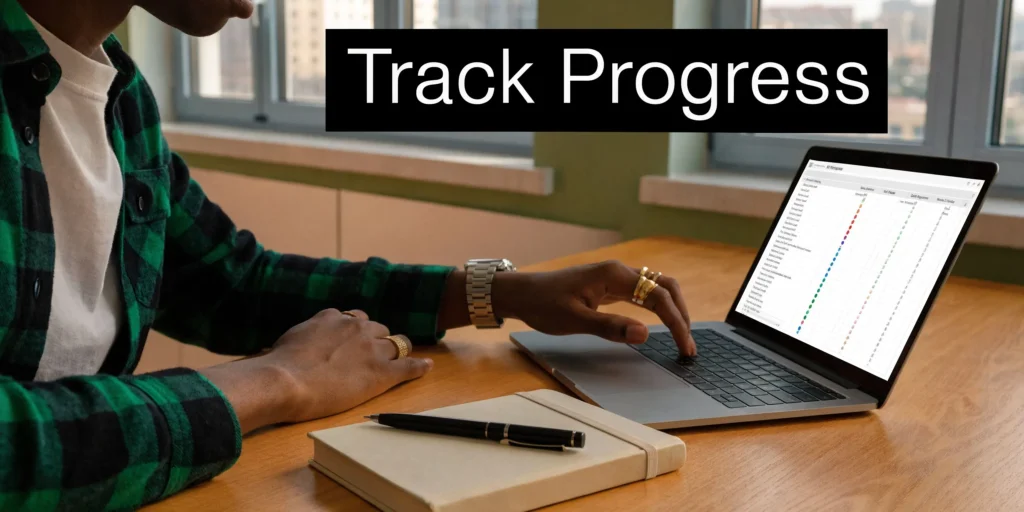 Creative Writing Submissions: A Guide to Getting Published Writer reviewing submission progress on a laptop beside “Track Progress” text at a desk.