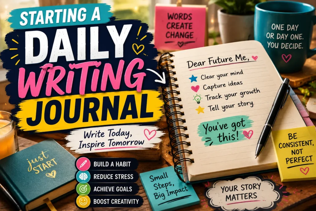 Daily writing journal thumbnail with notebook, colorful notes, cozy desk setup, and motivational journaling graphics.