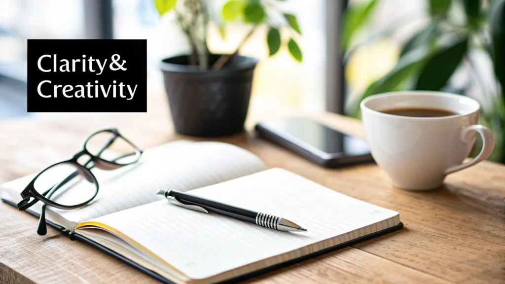 Open notebook with pen, glasses, coffee cup, and plants on a desk beside text reading “Clarity & Creativity”.