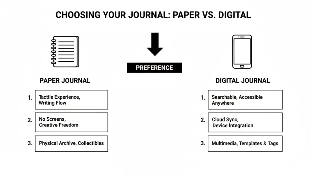 Infographic comparing paper and digital journals with benefits like creativity, cloud sync, and accessibility.
