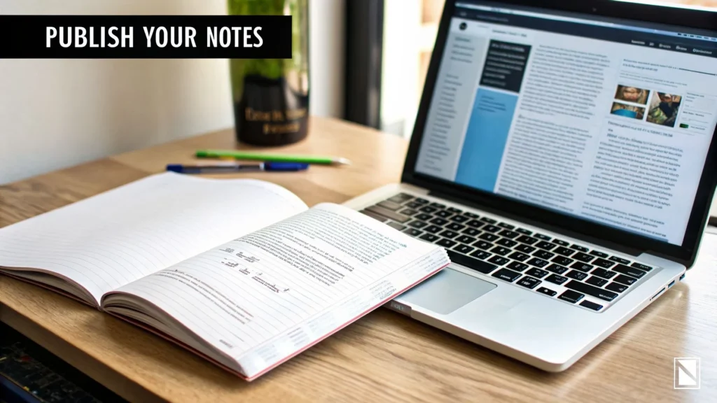 Open notebook beside laptop displaying articles, with text reading “Publish Your Notes” on a desk workspace.