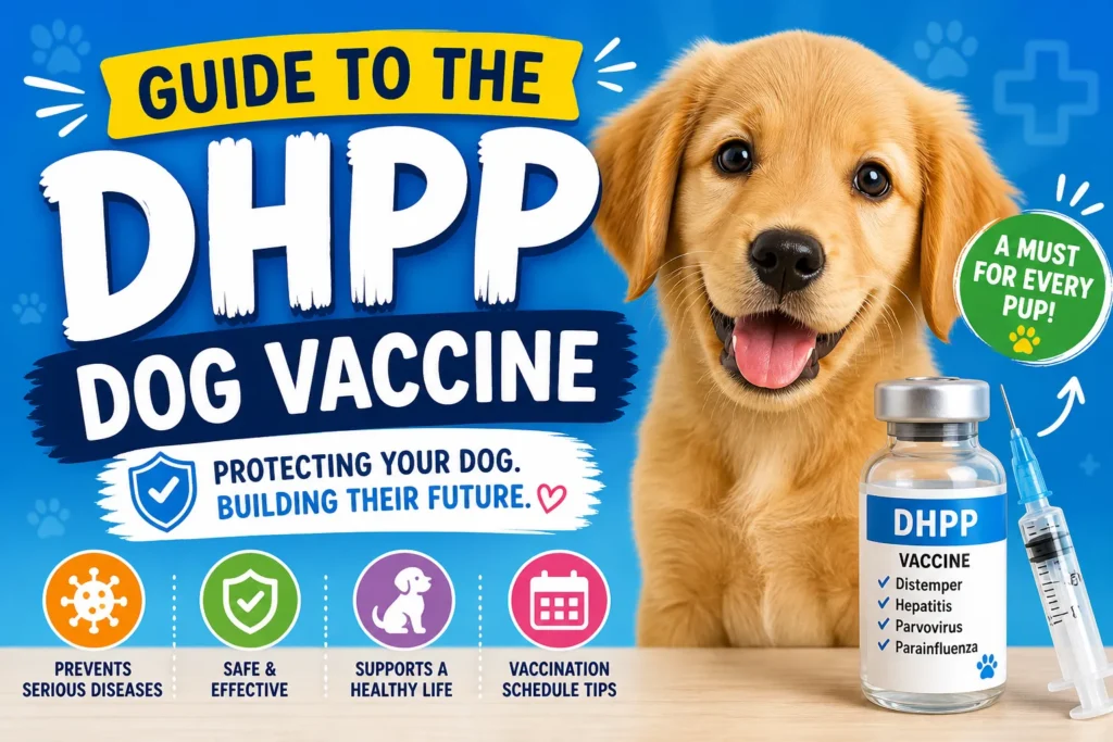 A Pet Parent's Guide to the DHPP Dog Vaccine Colorful thumbnail with smiling puppy, DHPP vaccine vial and syringe, and bold text about dog vaccination benefits and schedule