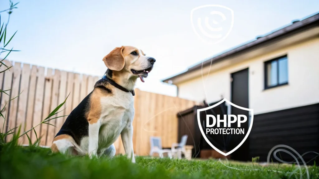 Beagle sitting in backyard lawn with house and fence, shield icon text “DHPP Protection”