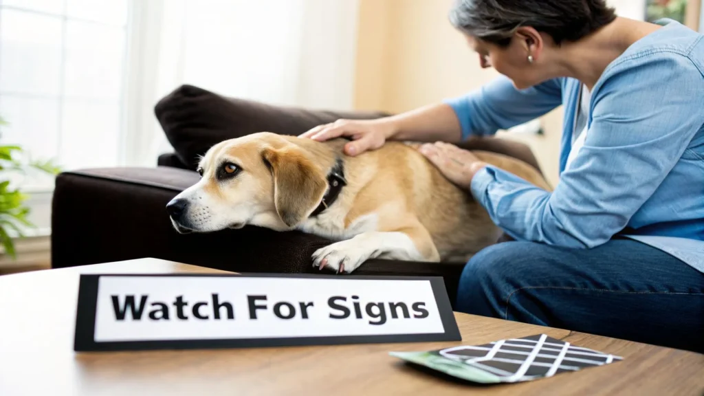 Woman checking a dog on a couch, pet looking unwell, with “Watch For Signs” sign on table