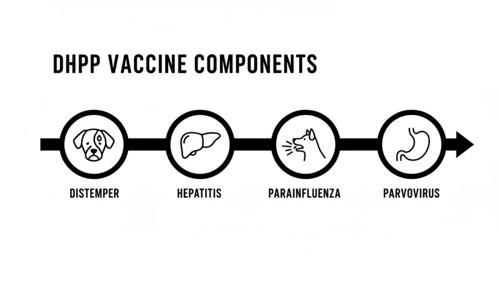 Diagram of DHPP vaccine components: distemper, hepatitis, parainfluenza, and parvovirus with icons and arrows