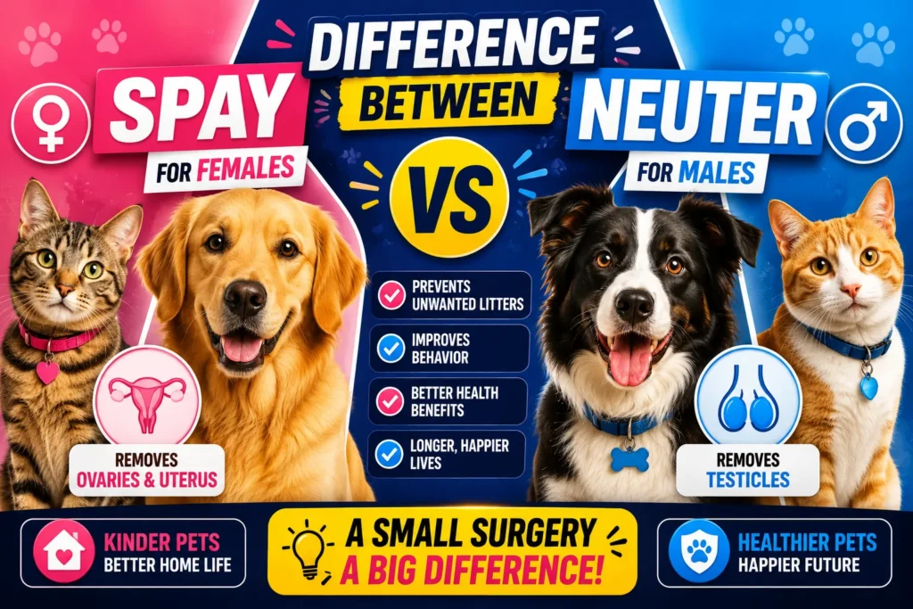 Colorful spay vs neuter thumbnail with dogs, cats, pet health icons, and educational surgery comparison graphics.