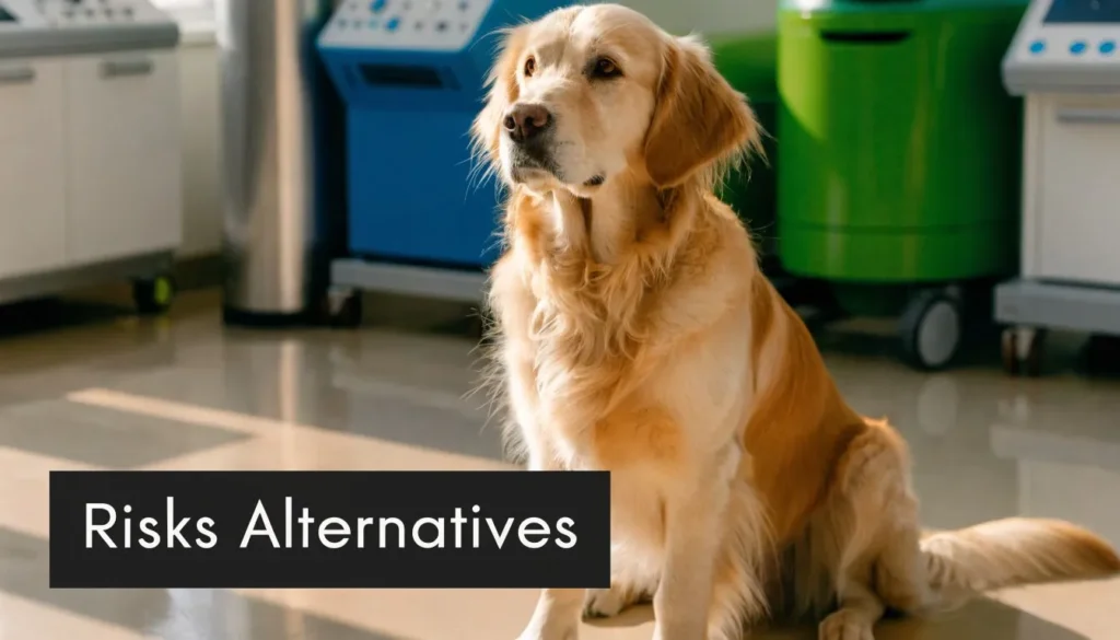 Golden retriever sitting in a veterinary clinic beside the text “Risks Alternatives” on a dark banner.