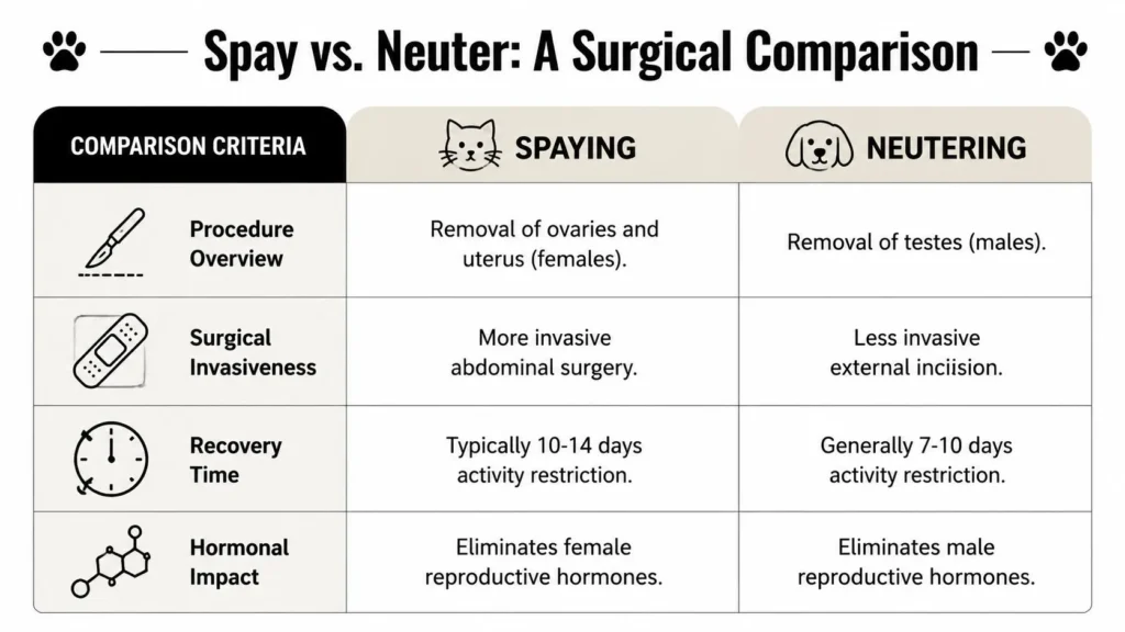Infographic comparing spaying and neutering procedures, recovery time, invasiveness, and hormonal effects.