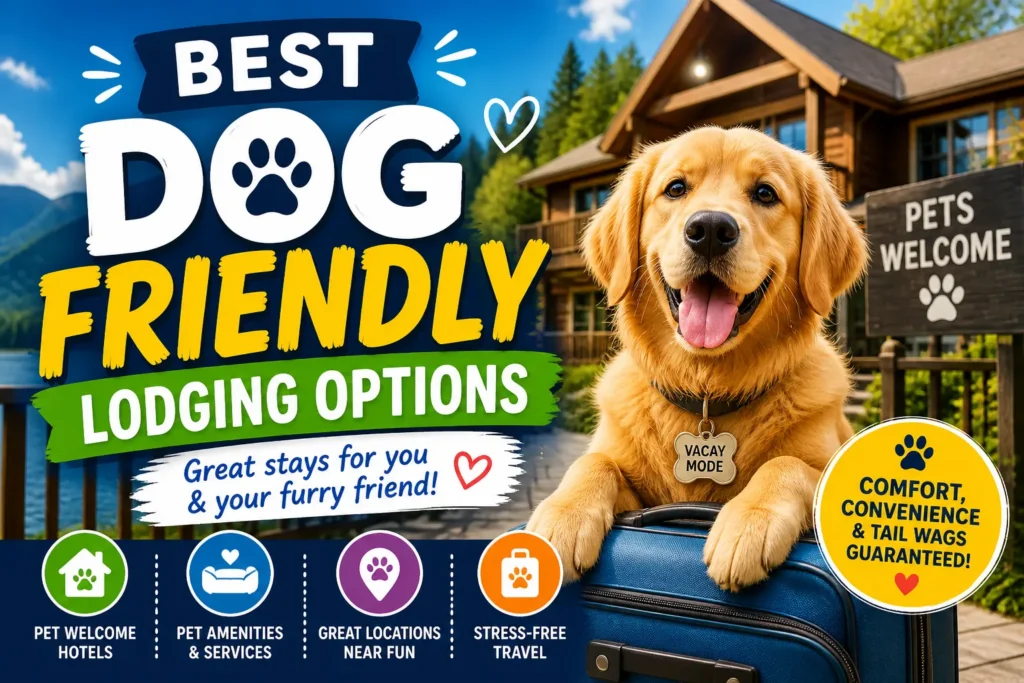 7 Best Dog Friendly Lodging Options for 2026 Colorful thumbnail with happy dog on luggage at pet-friendly cabin, highlighting dog-friendly lodging options and travel perks
