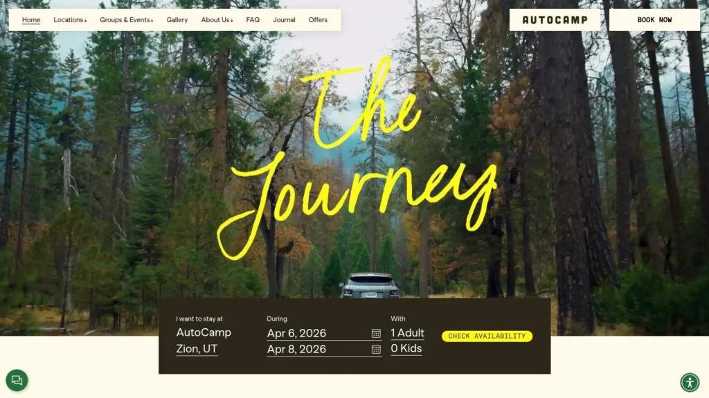 AutoCamp Zion booking page with forest road scene, “The Journey” text, dates, and availability search form