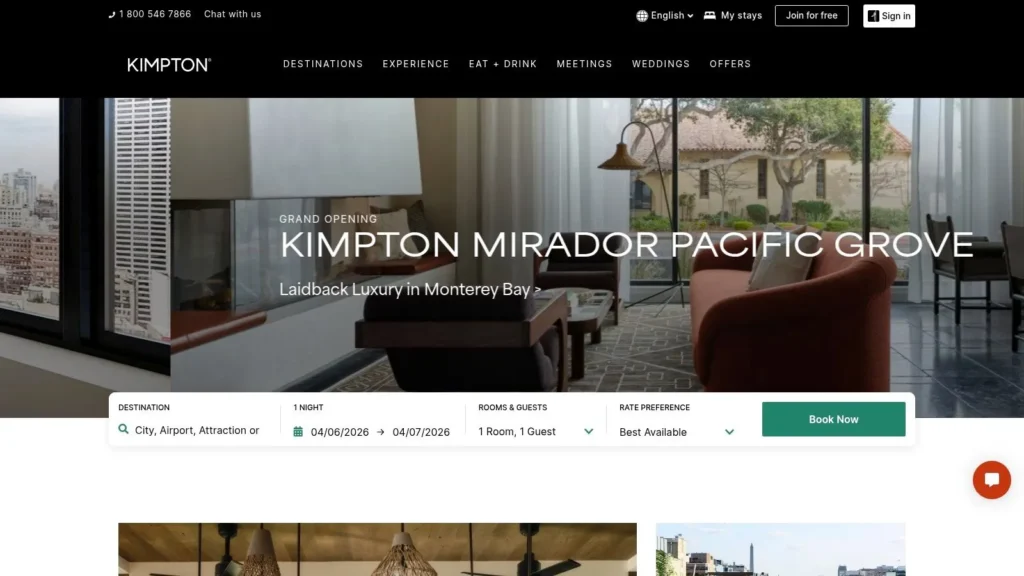 Kimpton hotel homepage showing Mirador Pacific Grove promotion and booking form with dates and room selection