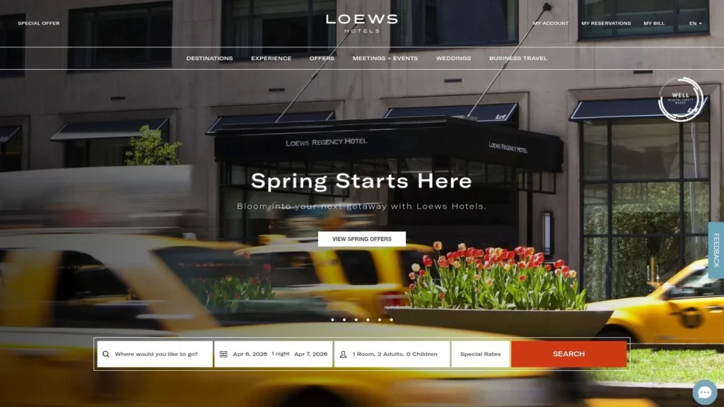 Loews Hotels homepage showing Spring Starts Here promotion, hotel entrance, yellow taxis, and booking search form