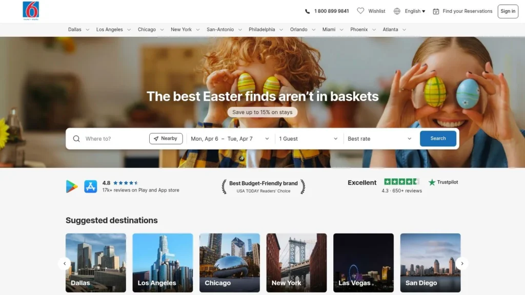 Motel 6 homepage with Easter promo, kids holding eggs, booking search bar, and suggested destinations list