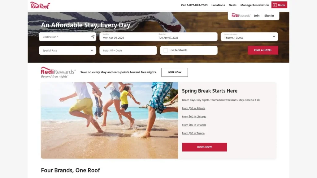 Red Roof Inn homepage with booking form and Spring Break promo showing people running on a beach