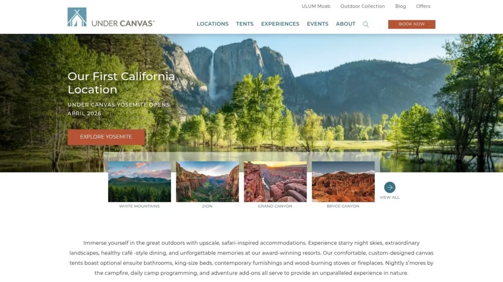 Under Canvas website showing Yosemite opening, scenic mountains and river, with locations like Zion and Grand Canyon listed