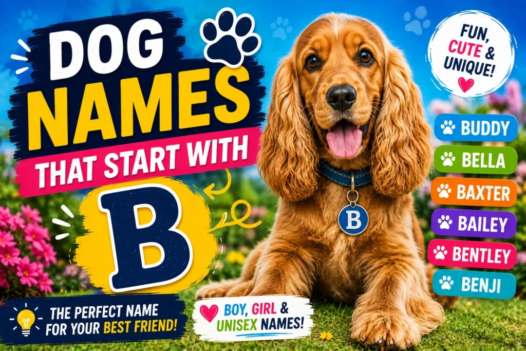 Colorful thumbnail with happy Cocker Spaniel and bold text about dog names starting with the letter B.