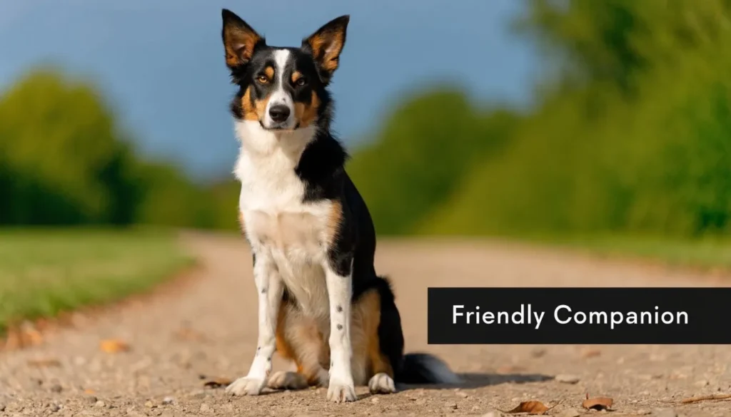 Border Collie sitting on a dirt path outdoors with “Friendly Companion” text beside it.