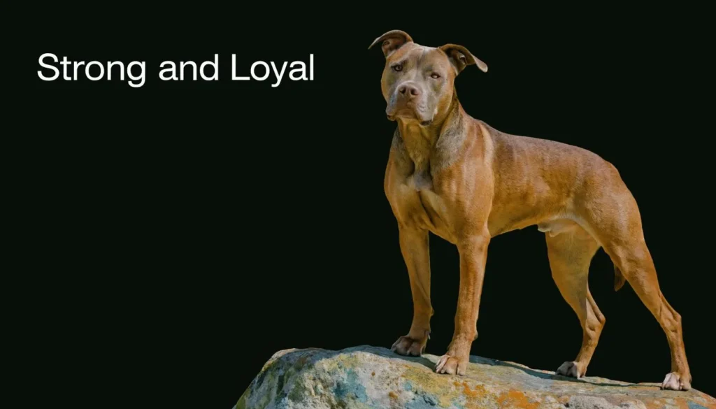 Muscular brown dog standing on a rock against a black background with “Strong and Loyal” text.