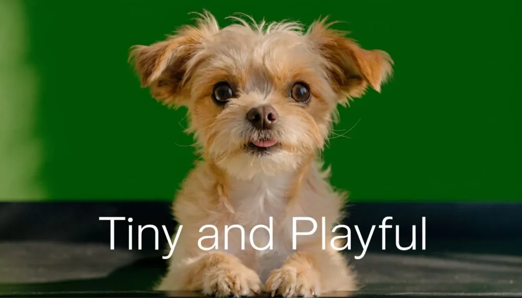 Small fluffy puppy with big eyes lying down against a green background with “Tiny and Playful” text.