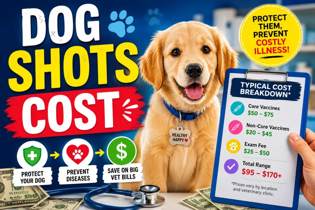 Colorful thumbnail showing a happy puppy, vaccine cost chart, cash, and pet care icons about dog shot expenses.