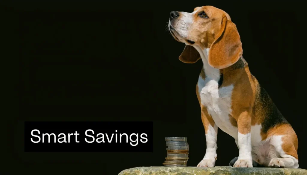 Beagle sitting beside stacked coins with “Smart Savings” text on a dark background.