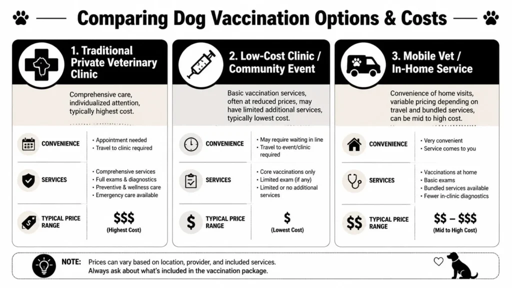 Infographic comparing dog vaccination costs for private vets, low-cost clinics, and mobile vet services.