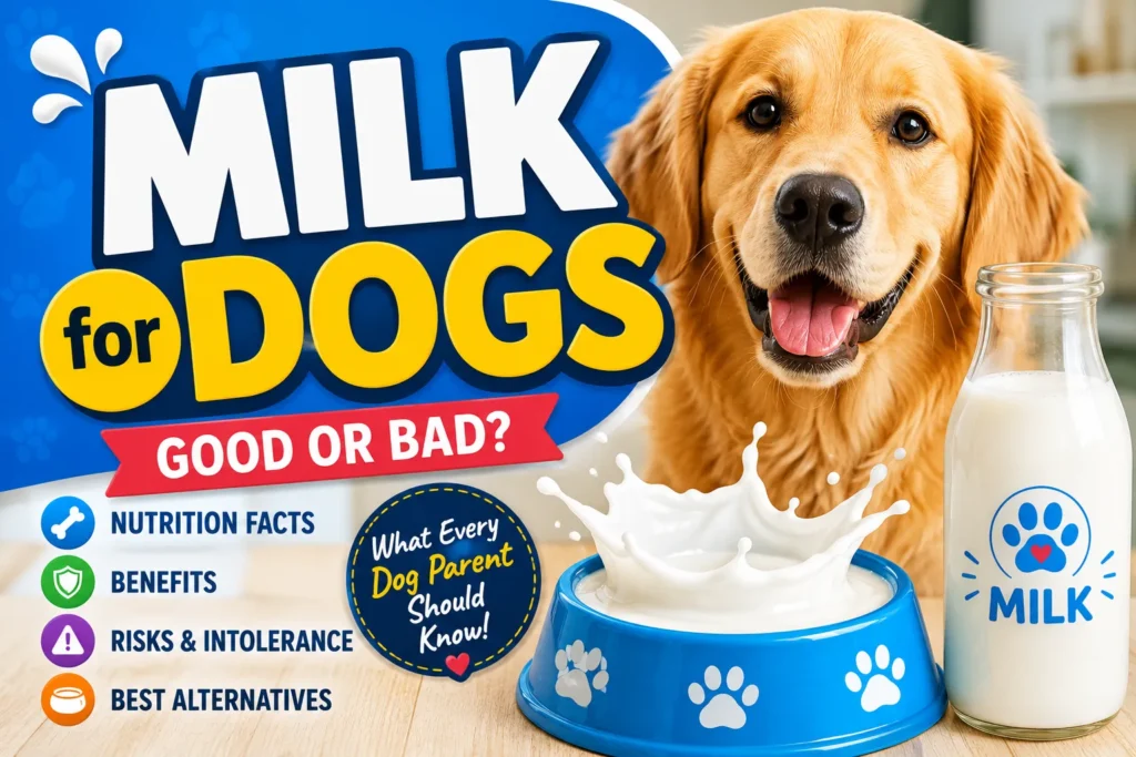 Colorful milk for dogs thumbnail with happy golden retriever, dog bowl, milk bottle, and pet nutrition graphics.