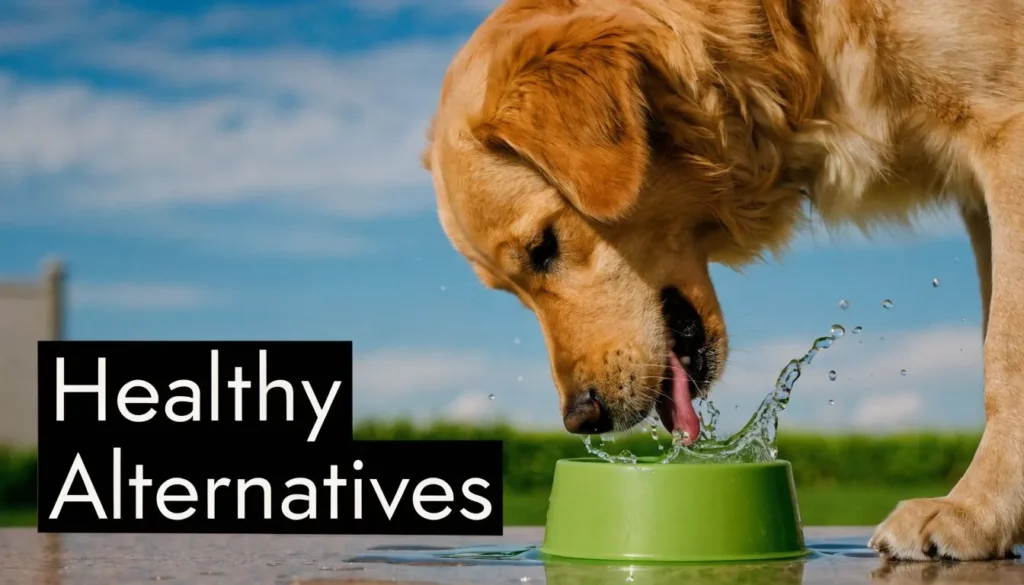 Dogs Drink Milk: Milk for Dogs: Your 2026 Vet Guide Golden retriever drinking from a bowl outdoors with text about healthy alternatives for dogs.