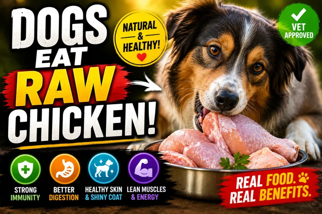 Colorful dogs eat raw chicken thumbnail with happy dog, raw chicken bowl, and pet nutrition benefit graphics.
