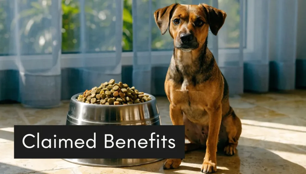 Dog sitting beside a full bowl of kibble with text reading “Claimed Benefits” in a bright room.