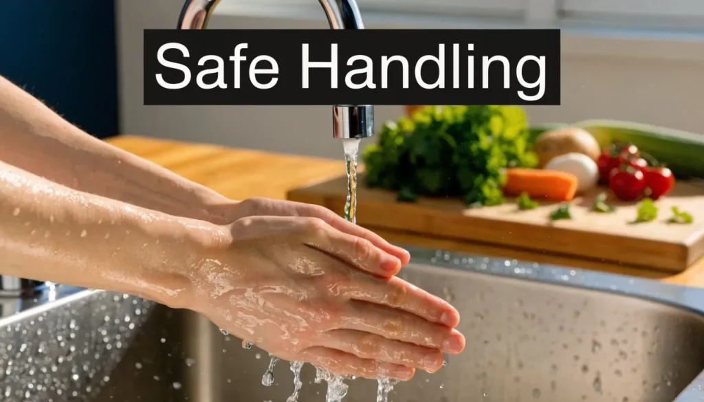 Hands being washed under running water in a kitchen sink beside fresh vegetables and “Safe Handling” text.