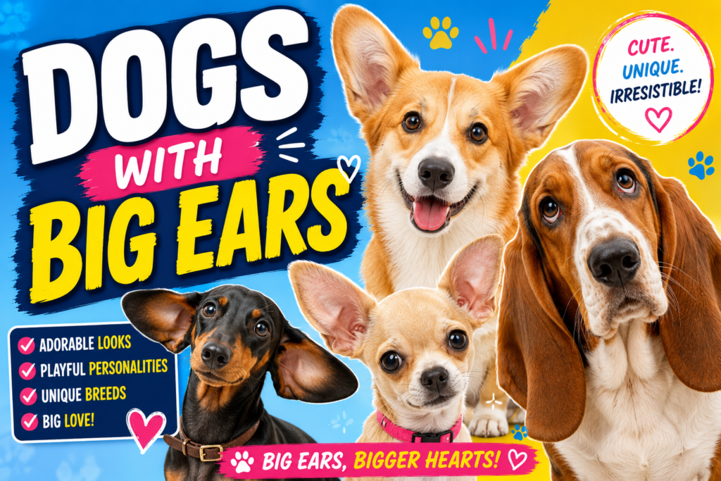 Dogs With Big Ears: An Owner's Complete Guide Colorful dogs with big ears thumbnail featuring corgi, basset hound, dachshund, and playful pet graphics.