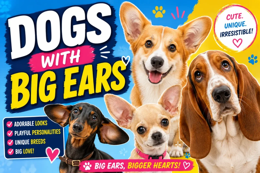 Colorful dogs with big ears thumbnail featuring corgi, basset hound, dachshund, and playful pet graphics.