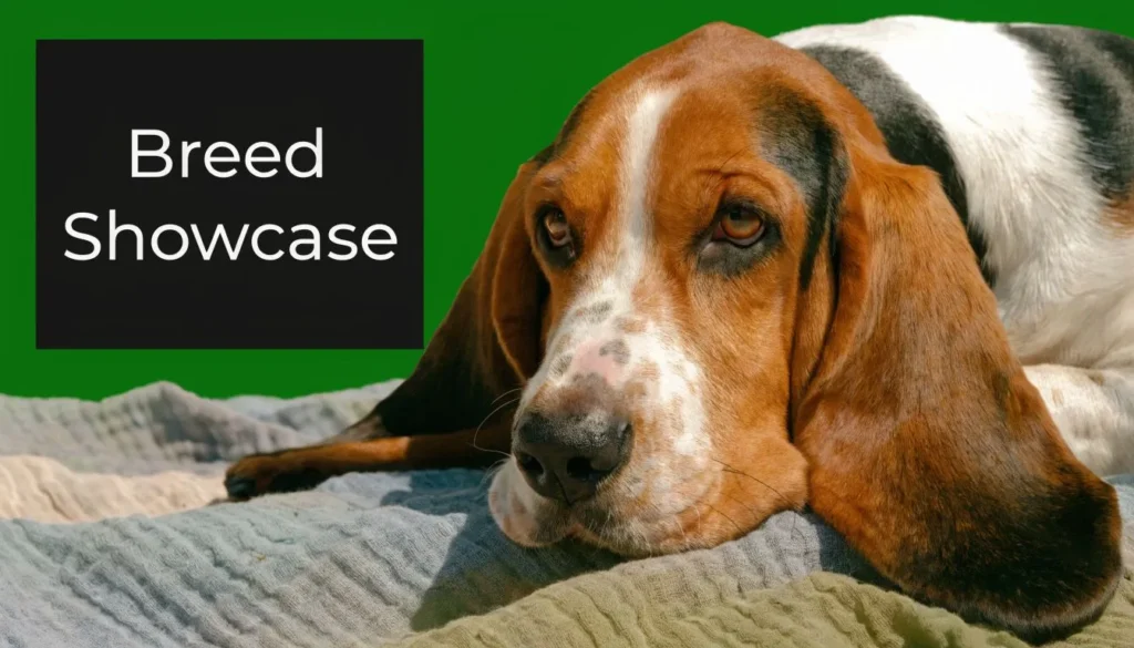 Basset hound with long floppy ears resting on a bed beside Breed Showcase text on green background.