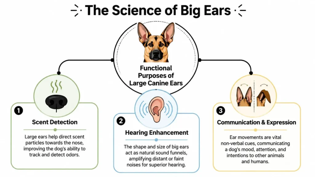 Infographic explaining how big dog ears improve scent detection, hearing, and canine communication.