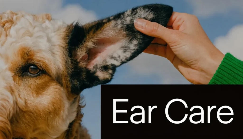 Close-up of a dog’s large ear being examined by a person,