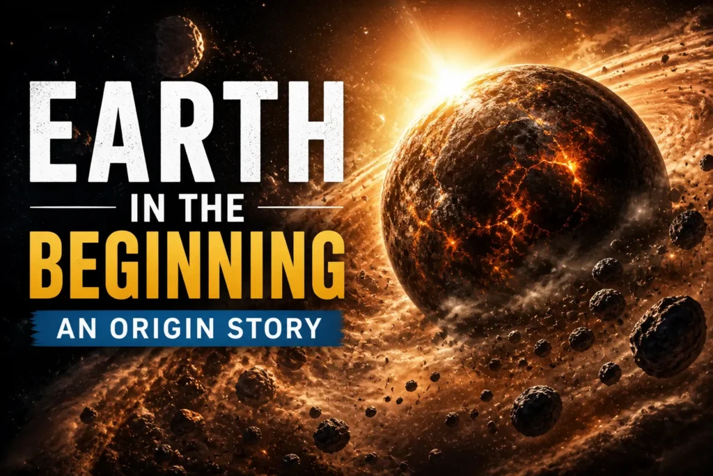 Earth in the Beginning: An Origin Story Fiery early Earth with asteroids in space and bold text “Earth in the Beginning: An Origin Story”