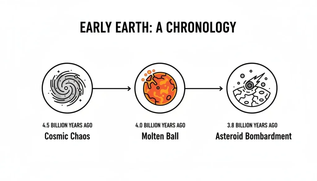 Earth in the Beginning: An Origin Story Early Earth timeline showing cosmic chaos, molten Earth, and asteroid bombardment from 4.5 to 3.8 billion years ago