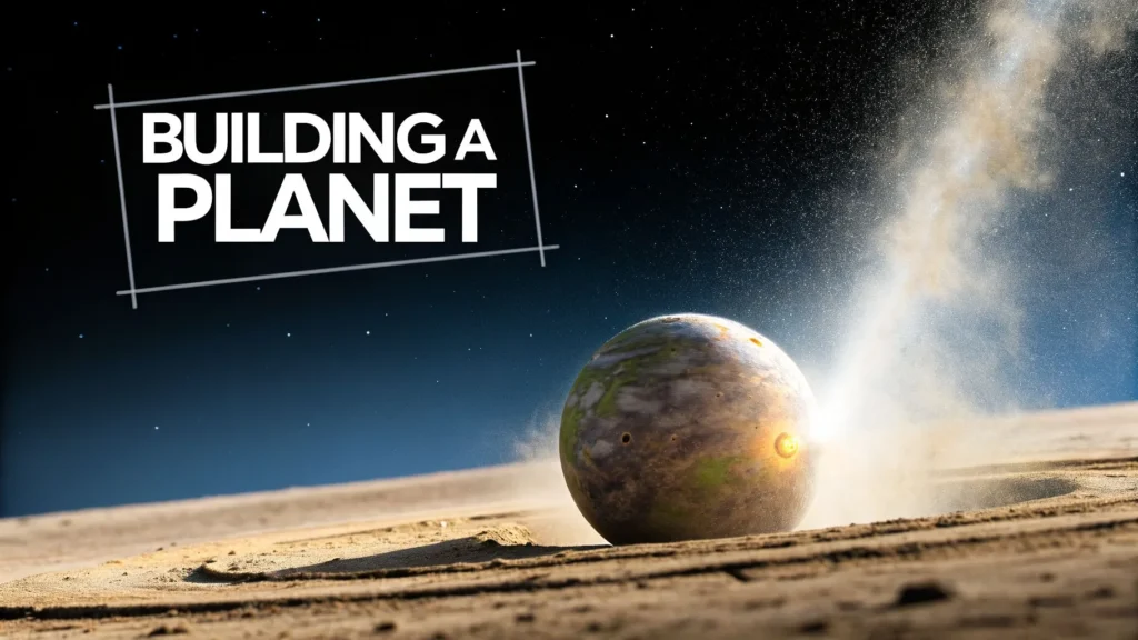 Earth in the Beginning: An Origin Story Small forming planet on dusty surface with cosmic debris and stars, titled "Building a Planet"