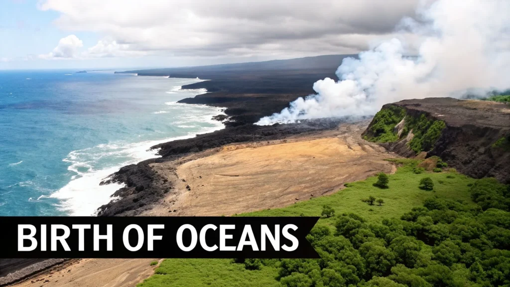 Earth in the Beginning: An Origin Story Volcanic coastline with steam rising into ocean, symbolizing early Earth and the birth of oceans